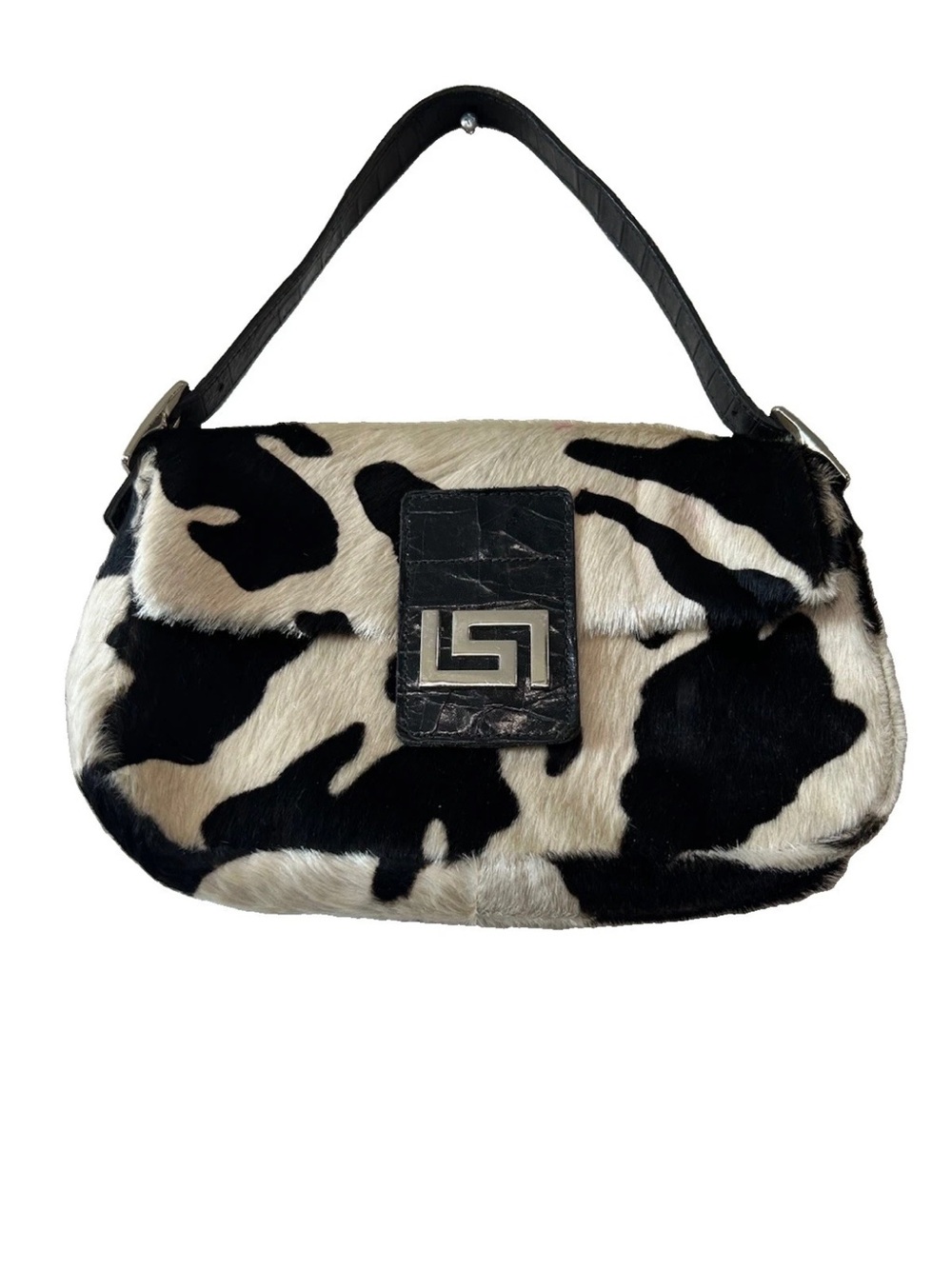 VTG Y2K Cowhide Calf Hair Baguette Bag Cow Print Leather Black & White RARE